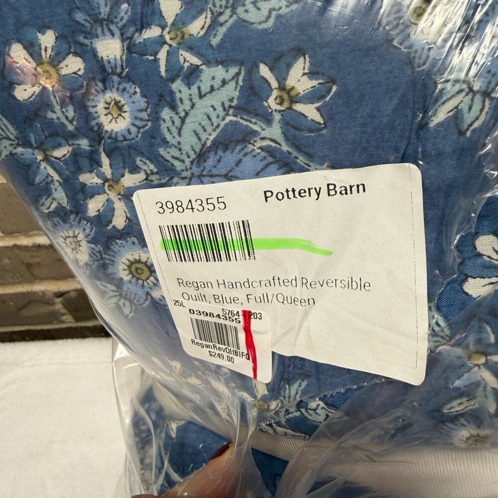 Pottery Barn Regan Handcrafted Reversible Quilt Blue White Full / Queen Bed NWT - Picture 6 of 7